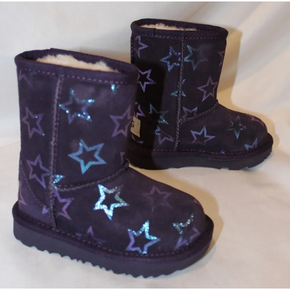 NIB UGG TODDLER CLASSIC‎ SHORTS STARS SUEDE SHEARLING LINED BOOTS PURPLE 6